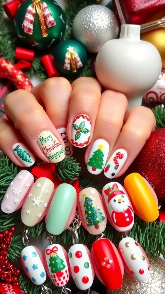 A collection of Christmas nail art designs with festive colors and patterns, including snowflakes and Christmas trees.